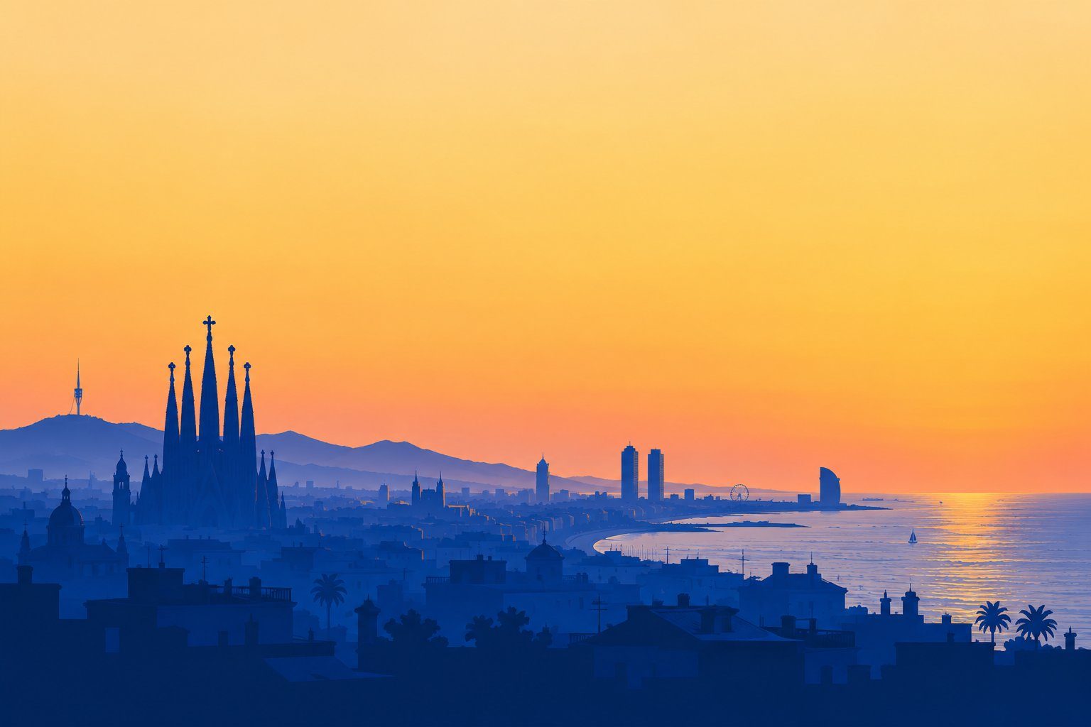 Golden hour over Barcelona, with the city rooftops running down towards the Mediterranean under a warm sky.